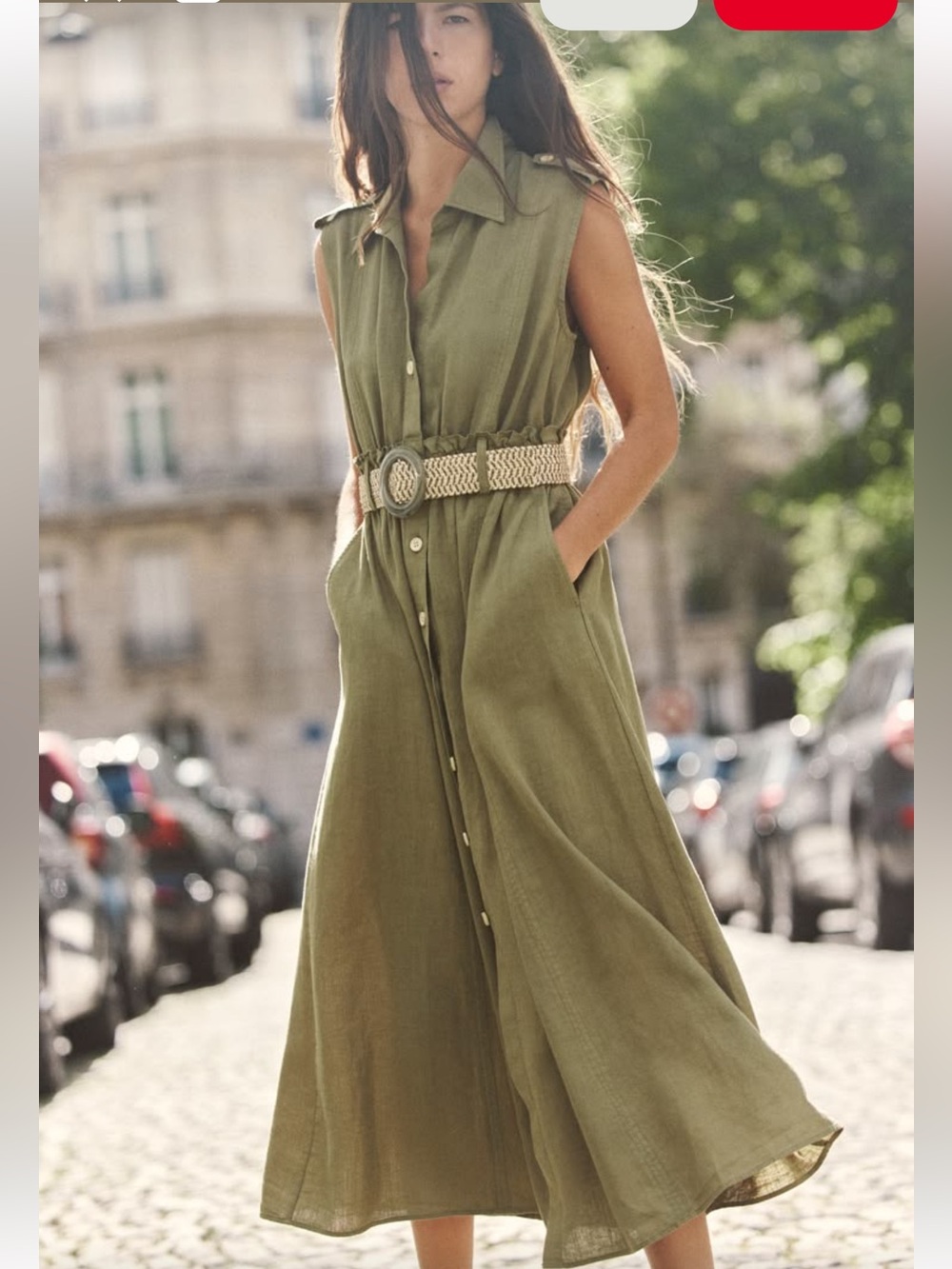 Zara Olive Green Sleeveless Shirt Midi Dress with Braided Belt - Picture 3 of 4